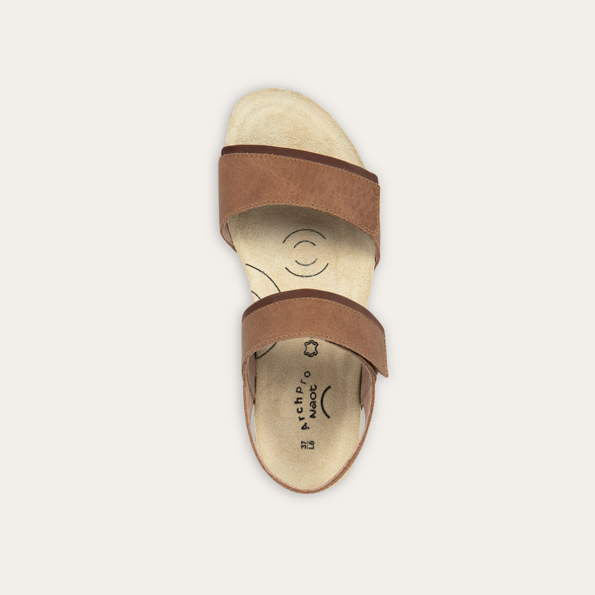 Top view of a brown leather sandal with two adjustable straps and a cork platform sole.