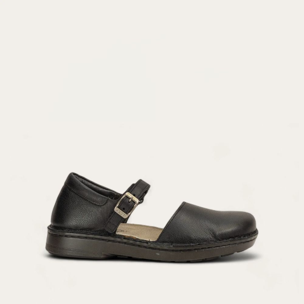 A black maryjane shoe with a hook and loop strap, from the brand Naot.