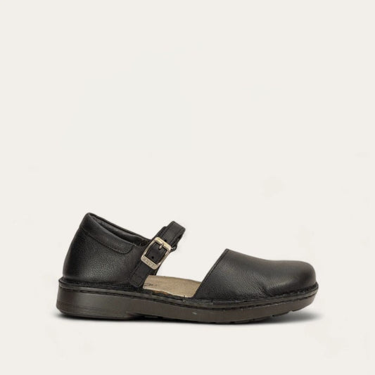 A black maryjane shoe with a hook and loop strap, from the brand Naot.