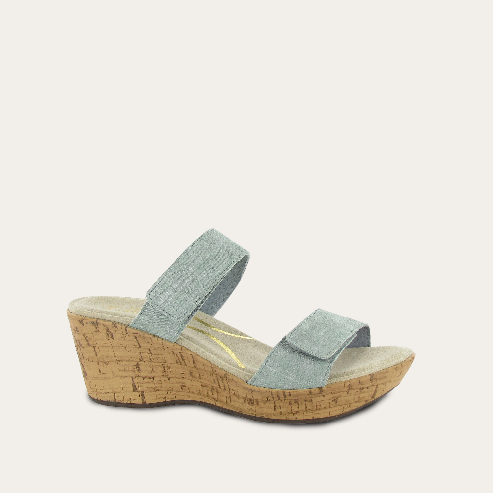 Light blue wedge sandal on a white background