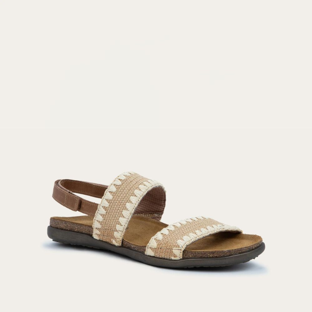 Angled profile view of a brown sandal featuring two textured toe straps and an adjustable ankle strap on a cork footbed.