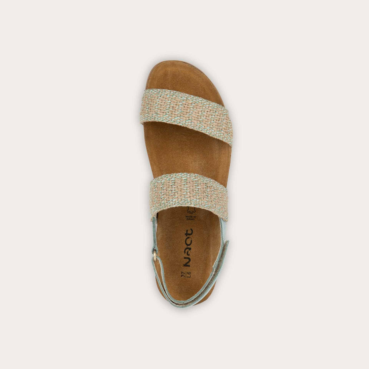 Top view of a green sandal featuring two textured toe straps and an adjustable ankle strap on a cork footbed.