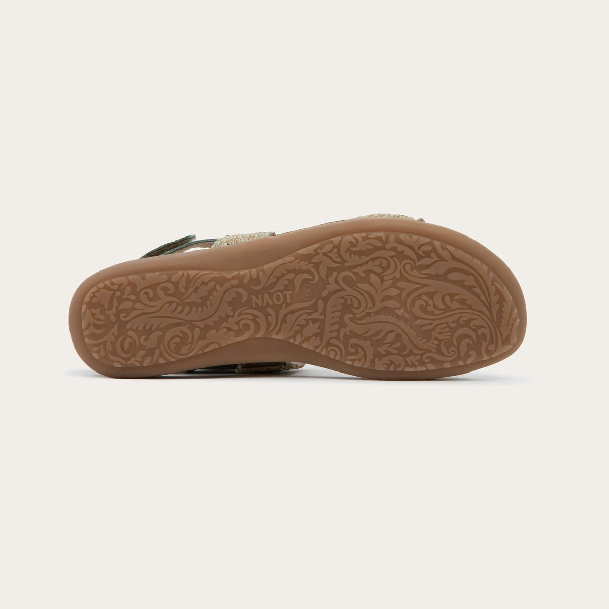 Bottom view of a green sandal featuring two textured toe straps and an adjustable ankle strap on a cork footbed.