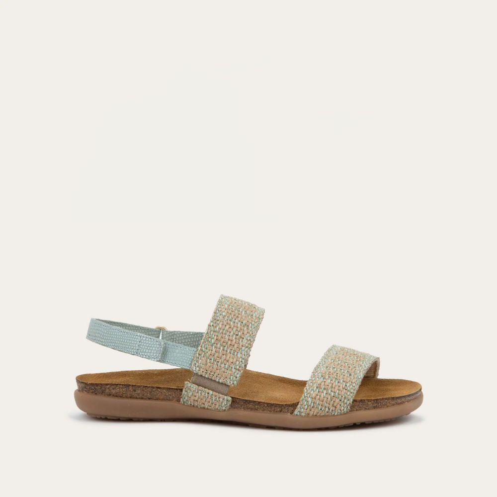 Profile view of a green sandal featuring two textured toe straps and an adjustable ankle strap on a cork footbed.