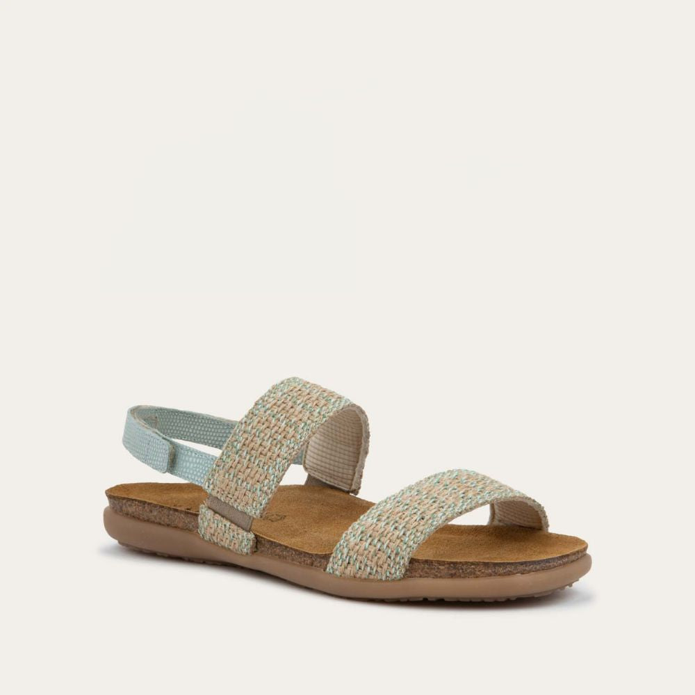 Angled profile view of a green sandal featuring two textured toe straps and an adjustable ankle strap on a cork footbed.