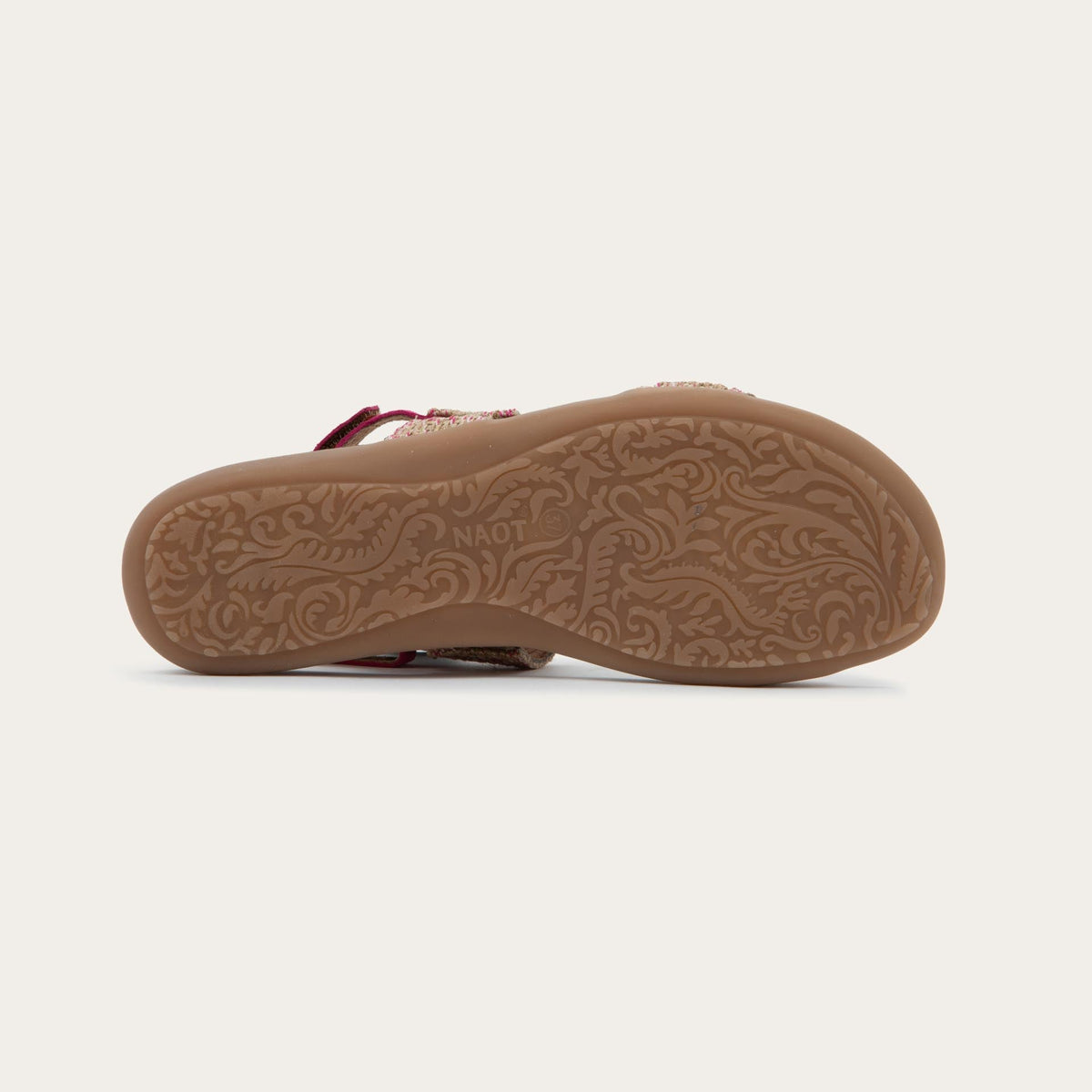 Bottom view of a pink sandal featuring two textured toe straps and an adjustable ankle strap on a cork footbed.
