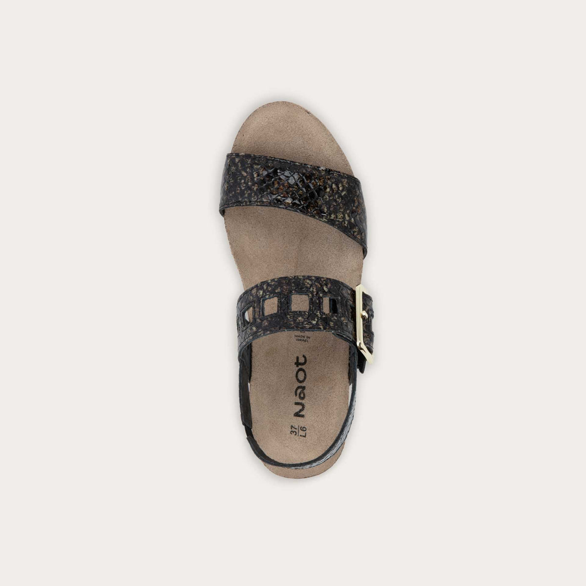 Top view of a black wedge sandal with a snakeskin design, featuring two straps and a metallic buckle with a cork footbed.