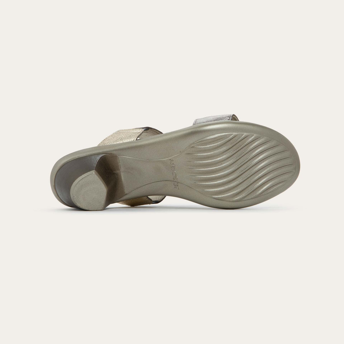 Bottom view of a slip-on t-strap black sandal with a mid-height heel .