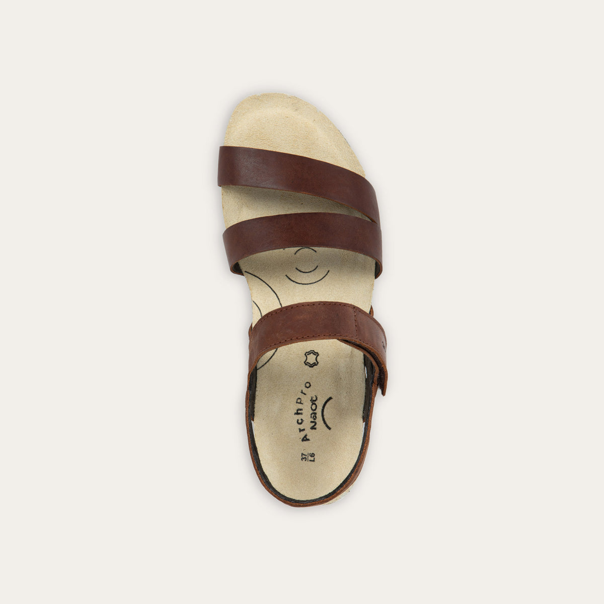 Top view of a brown leather sandal with two toe straps, an adjustable ankle strap, and a cork platform sole.