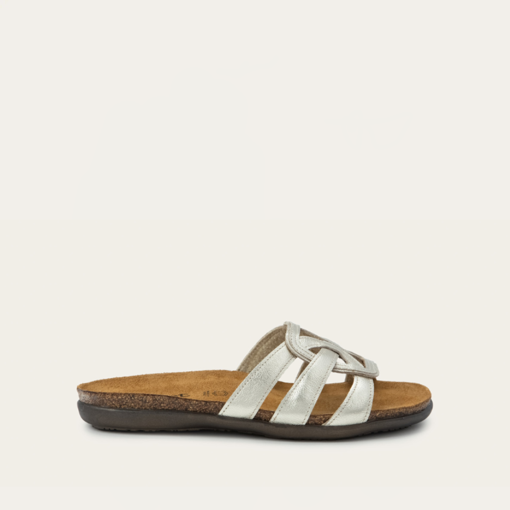 A silver Liv sandal by Naot, featuring a padded heel and multiple straps, on a white background.