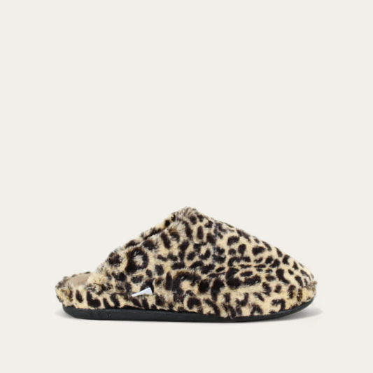 A fuzzy, leopard-print slip-on slipper.