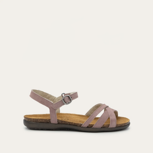 Mauve strappy sandals with an adjustable ankle buckle and a cushioned cork footbed.
