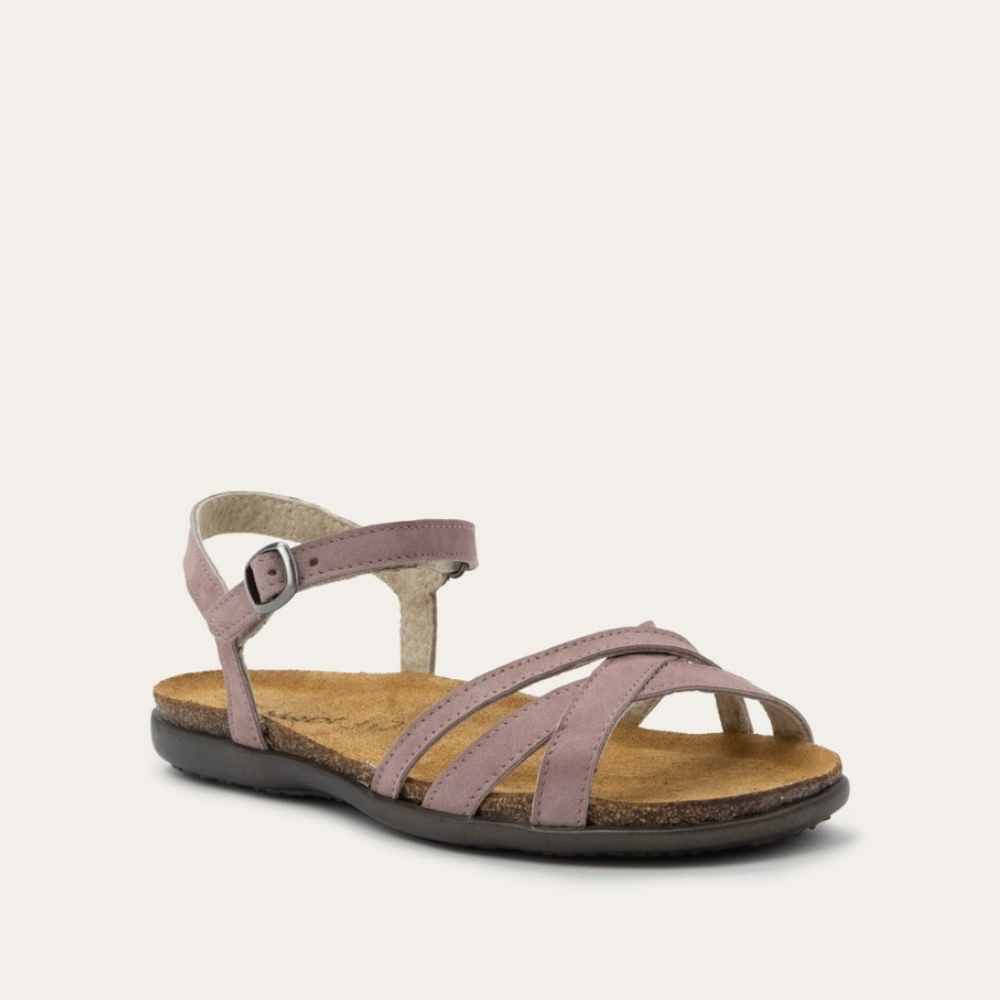 Mauve strappy sandals with an adjustable ankle buckle and a cushioned cork footbed 2