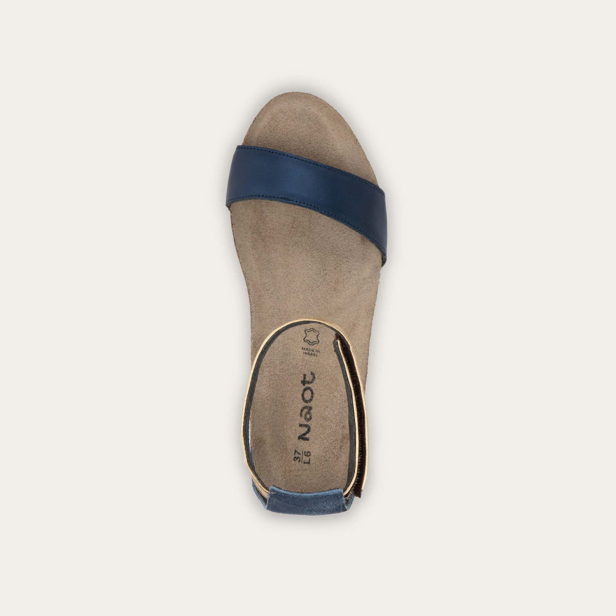 Top view of a blue wedge sandal with cork sole, featuring an open toe and metallic gold ankle strap.