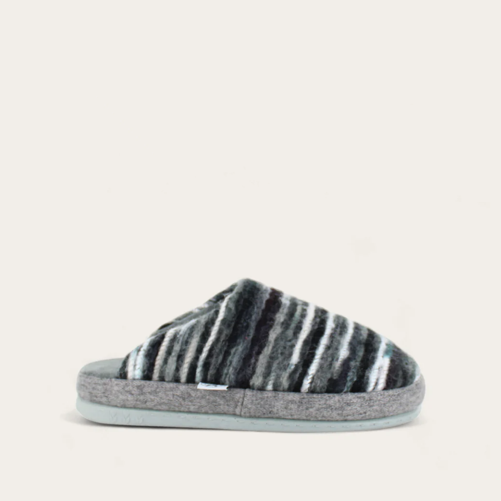 Gray slip-on slipper with a striped pattern in varying shades of gray and black.