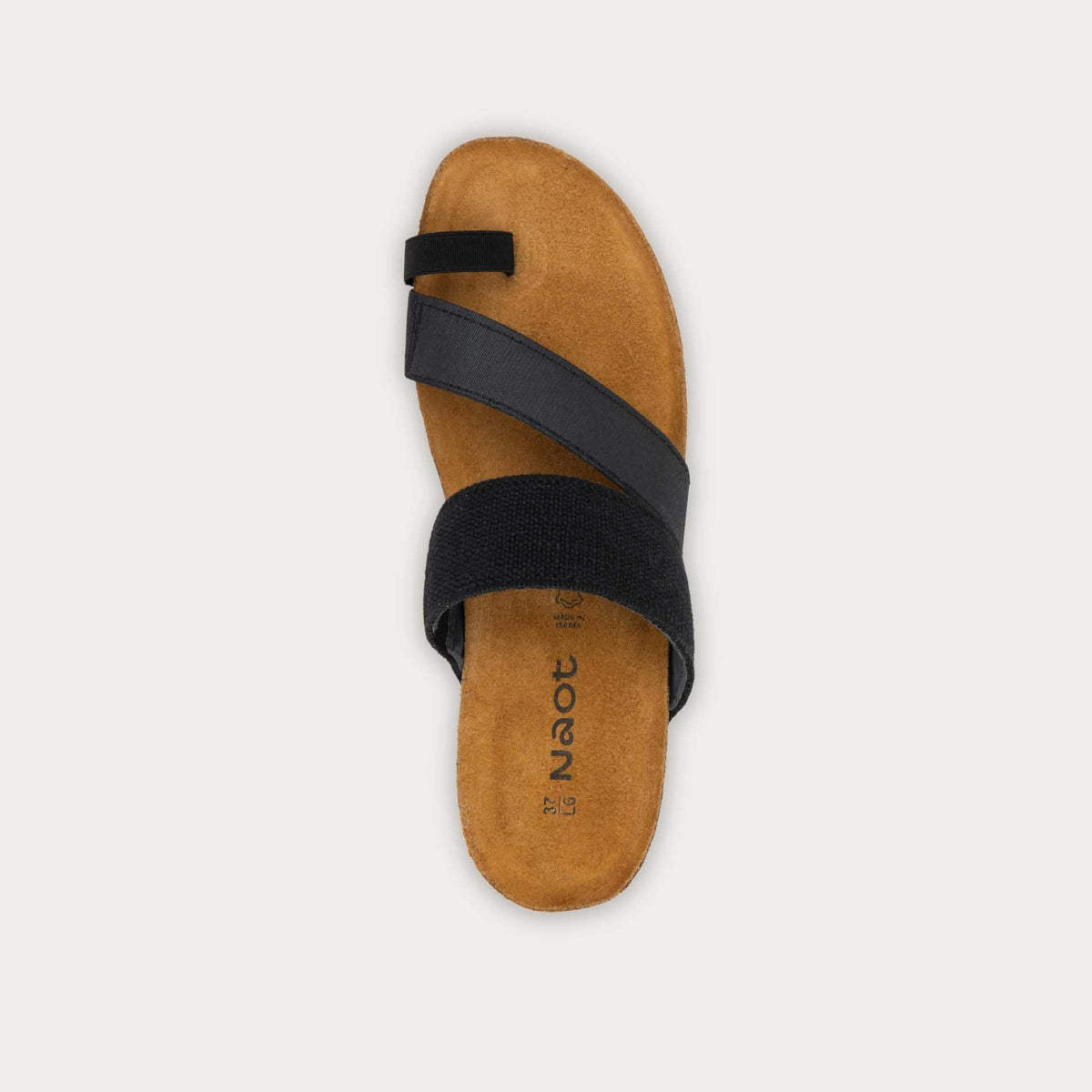 Top view of black, multi-strap slide with a toe loop and a cork footbed.