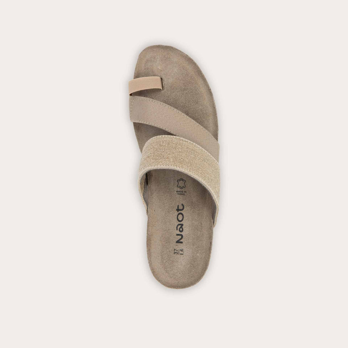 Top view of beige, multi-strap, sling-back sandal with a cork footbed.