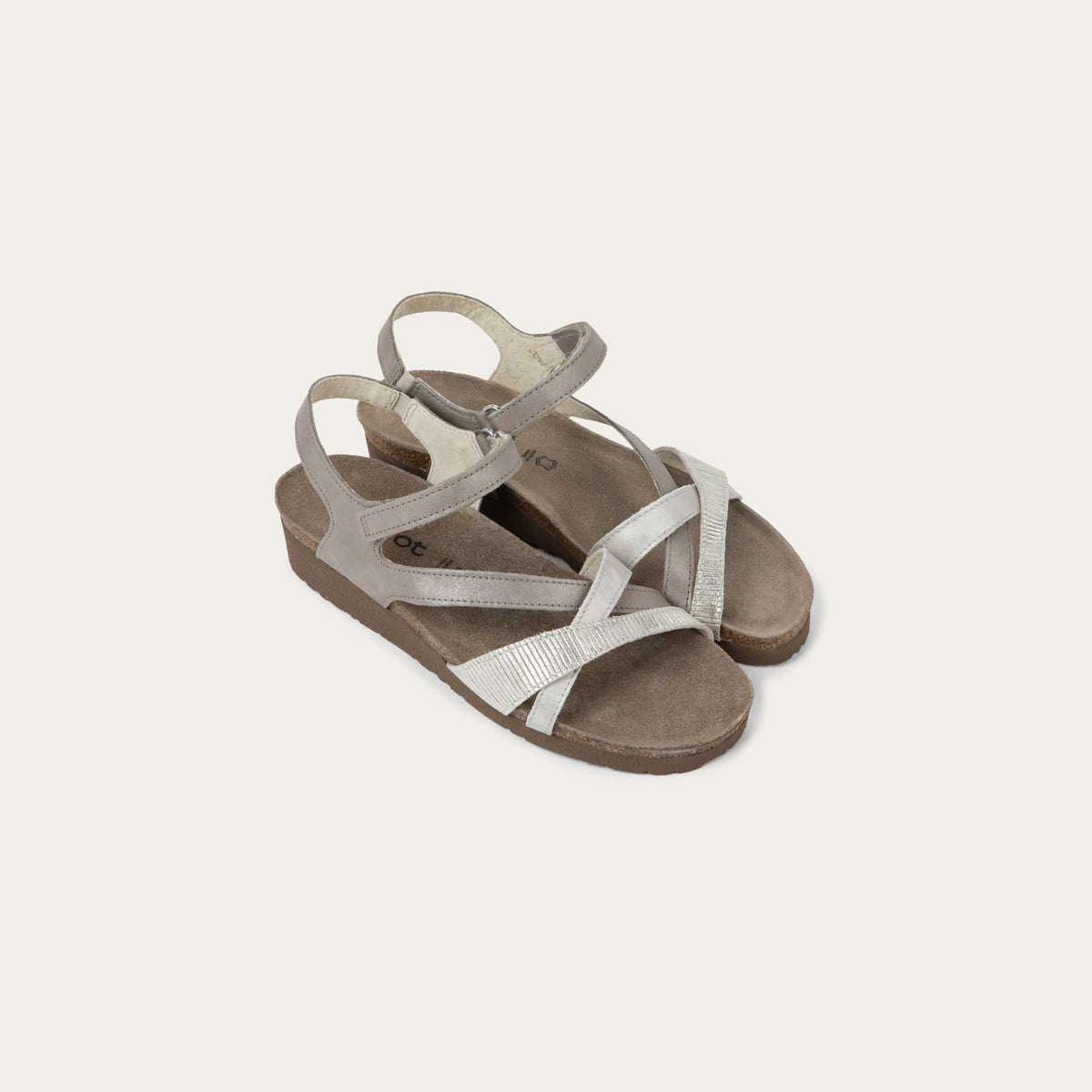 A pair of gray open-toe sandals with a cork wedge sole. Features leather and suede straps crossing over the front and a back strap with Velcro closure. 