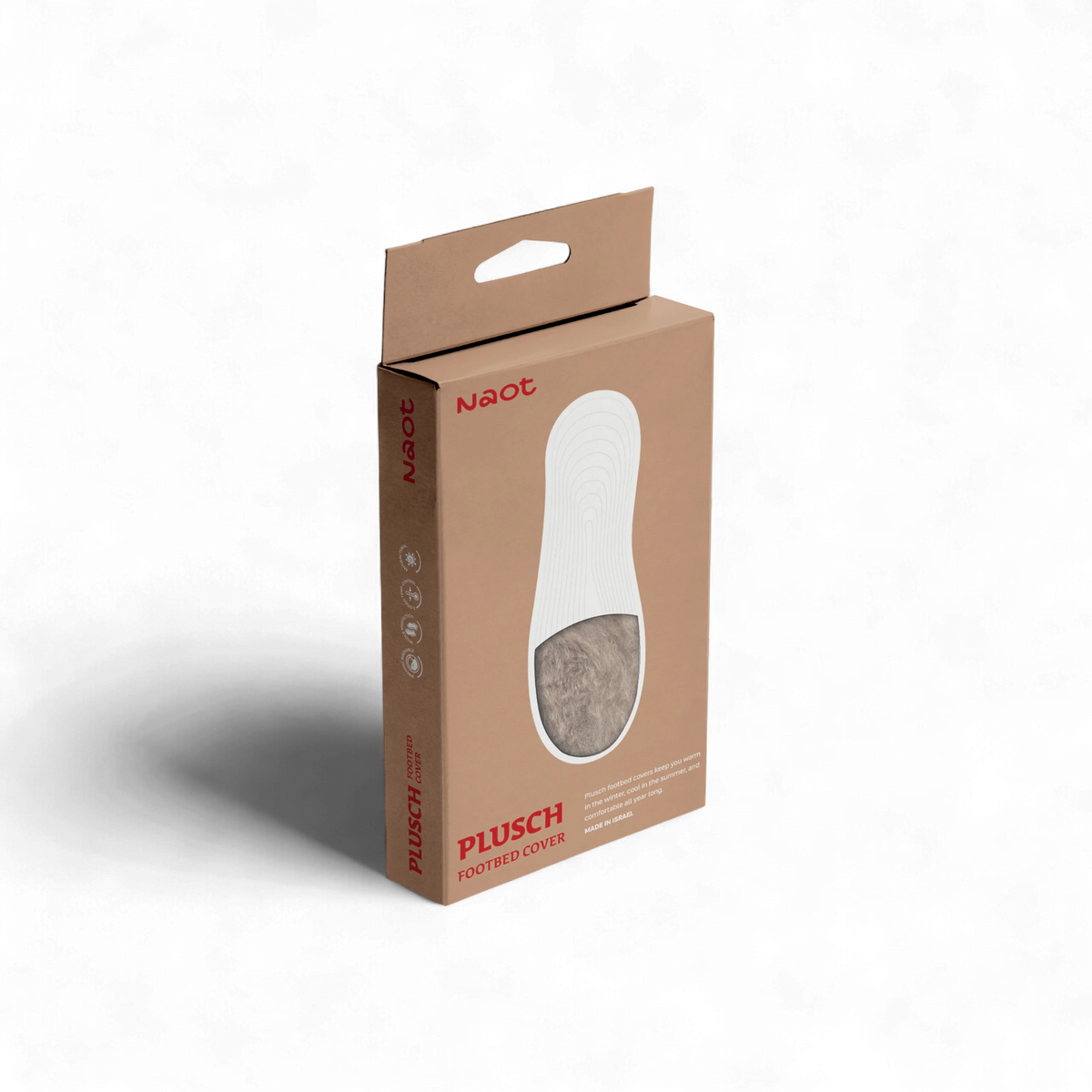 Packaged Plusch wool liner for shoes, displayed in a cardboard box with a clear window showing the white and beige woolen insole.
