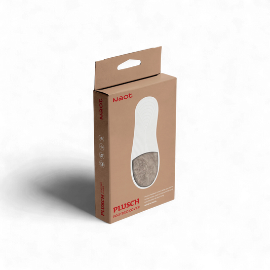 Packaged Plusch wool liner for shoes, displayed in a cardboard box with a clear window showing the white and beige woolen insole.