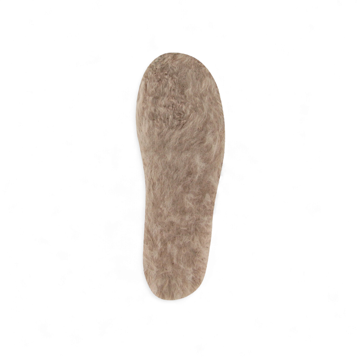 A fuzzy, tan fleece shoe insole.