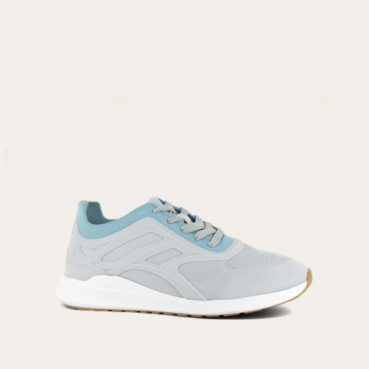 A gray and blue knit sneaker with lace-up closure, from the Atmosphere Collection.