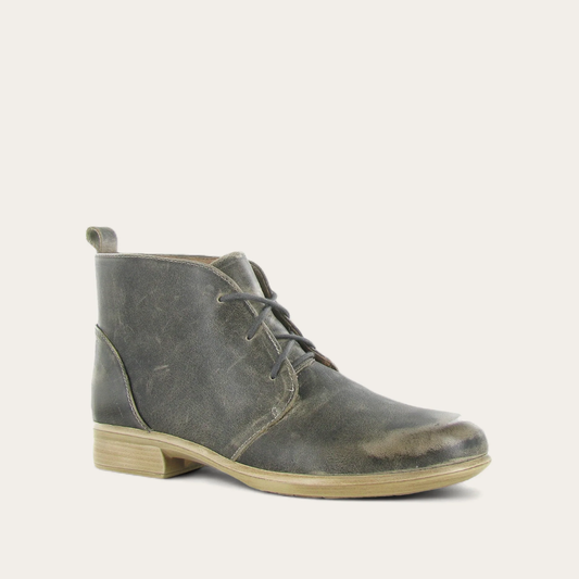 An ankle boot with laces, featuring a gray upper, a low heel, and a round toe.