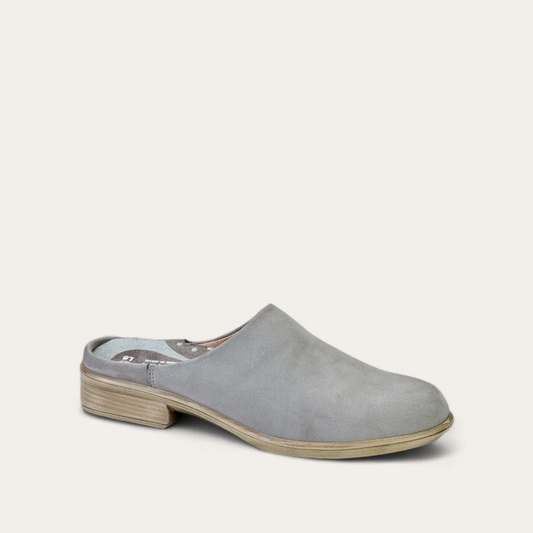 A gray suede mule shoe with a low heel and open back, on a white background.