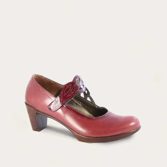 Red pump on a brown sole.