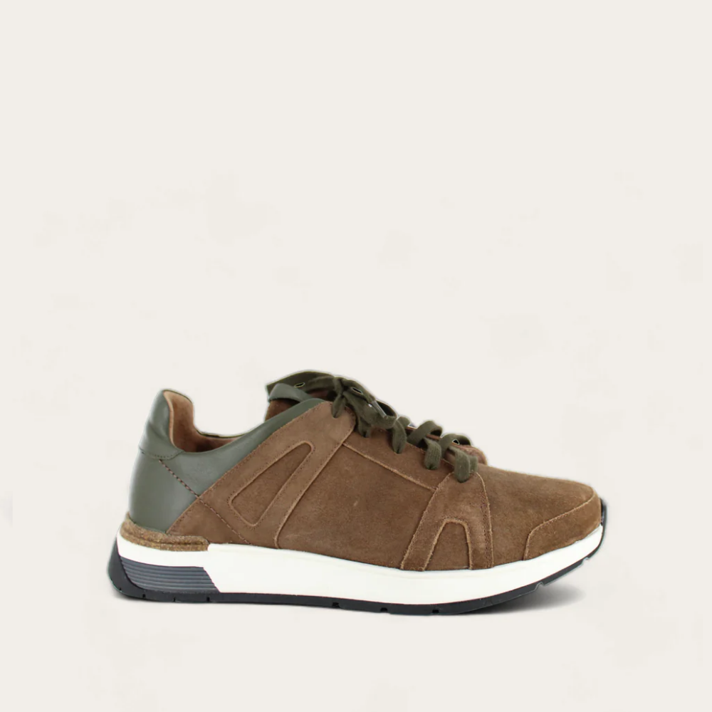 A brown and green Naot Magnify sneaker with a lace-up closure, made from suede and leather materials.
