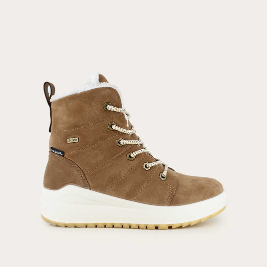 Brown lace up winter boot with white accents and sole