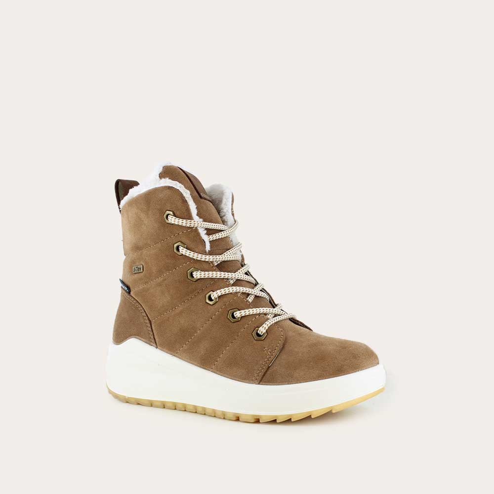 Brown lace up winter boot with white accents and sole